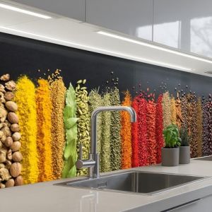 KitchenYeah&copy; Credence Cuisine Adhesive 60x200 cm Protege Mur Revetement Mural Adhesif Parement Interieur &Agrave; Coller Plaque Plastique Rigide &Eacute;pices - Herbes - Bandes - Arc-En-Ciel (KitchenYeah, neuf)