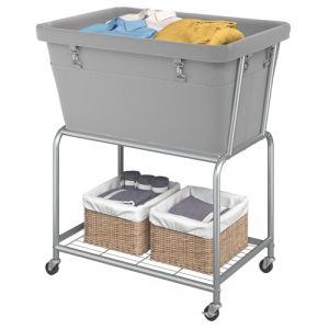 ELYKEN Panier &agrave; linge sur roulettes, panier &agrave; linge avec &eacute;tag&egrave;re en m&eacute;tal robuste, 122 L, organiseur de v&ecirc;tements pour buanderie, chambre &agrave; coucher, salle de bain, gris (Elyken Direct, neuf)