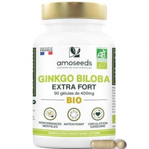 Ginkgo Biloba BIO | Extra Fort, 4560mg par jour | Stimulant cognitif, Mémoire, Circulation Sanguine | 90 Gélules Vegan | Qualité Supérieure (Amoseeds, neuf)