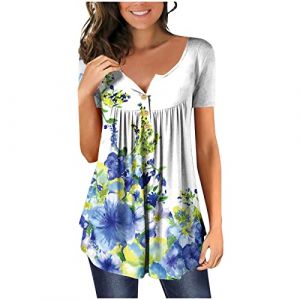 Chic Et &Eacute;l&eacute;gant Chemisier Femme Manches 3/4,T Shirt Imprim&eacute; Fleurs avec Pliss&eacute;,Tee Shirt Col en V Blouse De Boheme Hauts avec Boutons,D&eacute;contract&eacute;e Tunique &Eacute;t&eacute; Plage Travail Tunique Tops (Wyongtao❖, neuf)