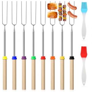 Lot De 8 Brochettes Télescopiques En Acier Inoxydable,Bbq Marshmallow Brochette,Hot Dog Fourchette Avec Poignée En Bois,Brochette Réutilisables Pour Barbecue De Camping (JIAYUANC, neuf)