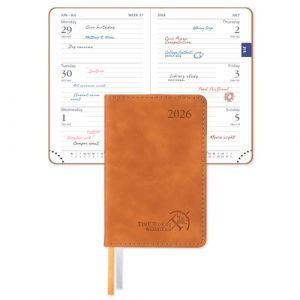 POPRUN Mini agenda de poche 2026 format A7 - Semainier - 12 x 8 cm - Format paume - 26 - Semainier avec papier de 70 g/m² - Couverture souple en cuir synthétique (marron) (Time Works Wonders, neuf)