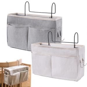 2 Pièce Organisateur de Chevet Lit, Panier de Lit Chevet Suspendu, Poche de Lit Organisateur, Organisateur de Chevet Suspendu, pour Bureau, Lit de Chambre, Cuisine (Gris/Blanc) (Vanillin, neuf)