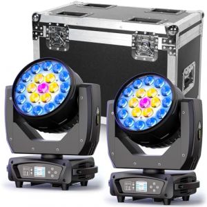 2 Pièces avec Flightcase 19x15W RGBW Lyre LED, Wash Zoom 540°X/270°Y Rotation d-mx512 Commande Vocale Auto-Calibration Tête Mobile Lumineuse pour Scène Club Théâtre Fête DJ Mariage (fhgb376, neuf)