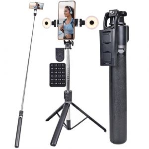 Perche Selfie Trépied Smartphone 180cm Telephone Telescopique Portable 2 Lumière de Remplissage Tripod Stick Pied + Ventouse Telephone Portable Accessoires Photo et Vidéo Lumineux Filmer Voyage (hai nan hui jun ke ji you xian gong si, neuf)