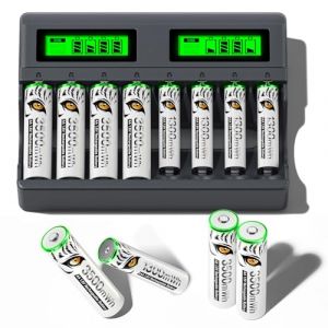 Mspalocell 4 piles AA 1,5 V rechargeables avec chargeur, 4 piles rechargeables au lithium AAA avec 8 emplacements USB C Type-C charge indépendante LCD chargeur rapide intelligent pour pile AA AAA (GZ_MSQ, neuf)
