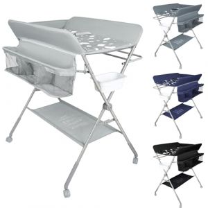 OHMG Commode à langer pliable, table à langer avec roulettes, table à langer mobile avec matelas à langer, ceinture de sécurité et compartiments de rangement, étanche et réglable en hauteur, stable (jusiZL, neuf)