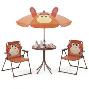 GOPLUS Ensemble Salon de Jardin Enfant 4 PCS, Table Pique-Nique Enfant avec 2 Chaises Pliante, Parasol Réglable en Hauteur, Charge 75KG, Table Exterieur pour 3-6 Ans (Singe Brun) (Augenstern24, neuf)