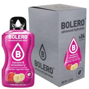 Bolero BANANA & STRAWBERRY 24x3g | Jus en poudre sans sucre, &eacute;dulcor&eacute; &agrave; la st&eacute;via + vitamine C | pour enfants et sportifs | sans gluten, v&eacute;g&eacute;talien | Go&ucirc;t banane et fraise (Bolero Adria, neuf)