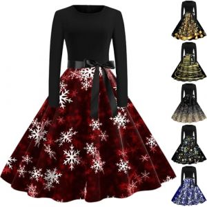 Robe Noel Femme Mi Longue Robe de Soiree Femme Chic et Glamour Robes de Noël Nouvel an Chic et Elegant Robes de Soirée Cocktail Fete Réveillon Grande Taille Dress Hiver Rouge Or Noire Dress Mere Noel (Sunliney, neuf)