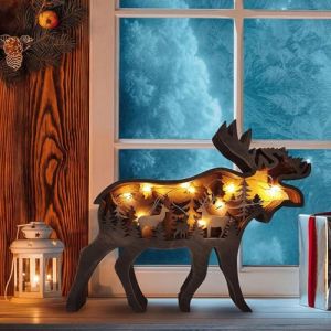 Drawelry 3D Animaux Sculpture en Bois Ornement avec LED Veilleuse, Wooden Artisanat Lumineux For&ecirc;t Loup Renard Ours Aigle Statue D&eacute;coration Cadeau pour Salon Chambre Bureau D&eacute;co (Wapiti) (Dr-Jewelry, neuf)