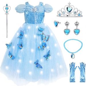 JONRRYIN Robe Princesse Fille LED, Robe Cendrillon Fille avec Ensemble Collier Couronne, Deguisement Princesse Cendrillon pour Fille 4-12 Ans Carnaval Anniversaire Fêtes Cosplay (Bleu, (110-120)) (ROBERTDREAM ETRADE, neuf)