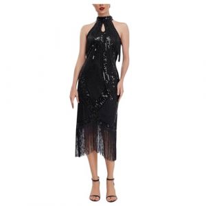 KBOPLEMQ Costume Charleston femme robe vintage ann&eacute;es 1920 Gatsby paillettes franges ourlet cocktail flapper robe de bal flapper Gatsby robe femmes robe de soir&eacute;e cocktail party costume, W noir., L (VISNA, neuf)