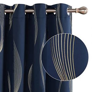 Deconovo Lot de 2 Rideaux Doré Motif Ligne Occultant Thermique Anti Froid, 117x183 CM, Rideau à Oeillets Désign Moderne Chambre Maison Salon, Bleu Marine (Deconovo-Home, neuf)