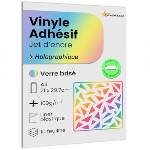A4 x 10 Feuilles Autocollant Vinyle Holographique avec liner Plastique, Papier adhésif compatible imprimante jet d'encre et plotter, étanche et résistant pour Stickers premium (Verre brisé) (StarMaker, neuf)