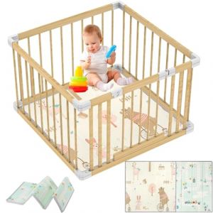 YUMBOT Parc b&eacute;b&eacute; 90 x 90 cm en bois de pin massif avec matelas, s&ucirc;r non laqu&eacute;, avec porte, 4 panneaux, qualit&eacute; sup&eacute;rieure, montage et d&eacute;montage faciles en 10 minutes (SUNSHINE BABY PARADISE, neuf)