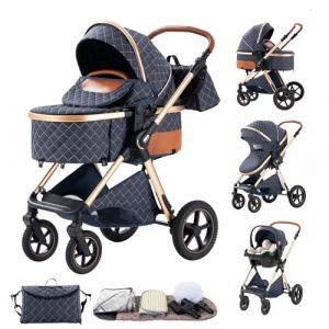 BEBBY Poussette trio,Poussette bébé 3 en 1, Canne Portable Pliable en Un Clic,Poussettes Combiné Paysage Haut Cadre en Aluminium Pour Bébé Poussettes (Bleu-8, H2) (BEBBY, neuf)