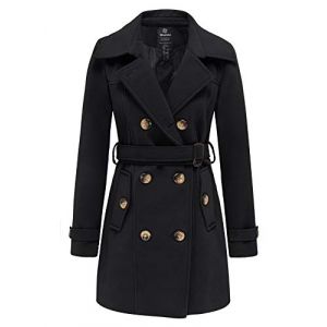 Wantdo Femme Manteaux en Laine M&eacute;lang&eacute;e &agrave; Double Boutonnage Manteau Femme Hiver Chic Manteau Chaud Mi-Long &Eacute;paulette Manteau Mince avec Ceinture Noir-X 40 (C'est&nbsp;la&nbsp;vie, neuf)