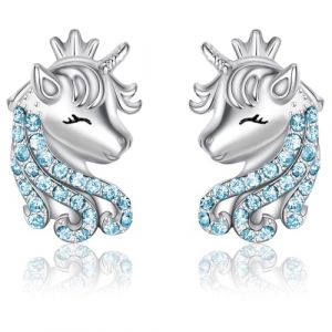 LICHUANUK Boucles d'oreilles licorne pour filles en argent sterling, cadeaux d'anniversaire pour les filles bijoux licorne, cadeaux d'anniversaire pour les filles, Cheveux longs bleus (LICHUANUK, neuf)