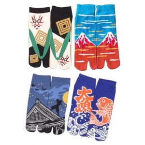 Lot de 4 paires de chaussettes japonaises en coton &agrave; bout fendu, style kimono, sandales, tabi, ninja, geta, geisha, pour homme (A-02) (Fancy Pumpkin, neuf)