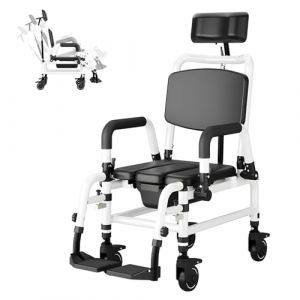 NJUN Chaise Percée à roulettes Inclinable en Alliage d'Aluminium, Fauteuil Roulant Douche Mobile avec Appui-tête Réglable, Repose-Pieds, Bras Rabattables et Seau Amovible, pour Adultes Handicapés (NJUN CHEN, neuf)