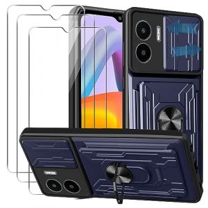 KZIOACSH Coque pour Redmi A2/Redmi A1 avec 3 Verre Tremp&eacute;,Heavy Duty Antichoc Bumper Housse,Couvercle de cam&eacute;ra &agrave; glissi&egrave;re+360&deg;degr&eacute;s B&eacute;quille &agrave; Bague de Rotation,Bleu (Dragon-long, neuf)