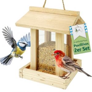TTL Garden - Lot de 2 mangeoires pour oiseaux - En bois de sapin naturel - Avec cordon de suspension - 20 x 15 x 15 cm - En bois de sapin naturel - Station d'alimentation pour oiseaux - R&eacute;sistantes (TTL-Commerce, neuf)