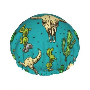 Bonnet de douche doux avec imprim&eacute; cactus et cr&acirc;ne de taureau, double couche lavable, large bande &eacute;lastique pour le bain (LLSM1861, neuf)
