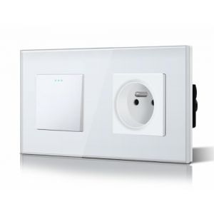 BSEED Interrupteur &agrave; Bascule Interrupteur Verre et 16A AC Prise standard fran&ccedil;ais Vitre en Verre 1 Gang 2 voie Interrupteur Mural Blanc (Bseed-EU, neuf)