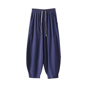 Pantalon sarouel baggy en lin pour homme - Couleur unie - Large - Pantalon de loisirs - Grande taille - Coton et lin - Pantalon de survêtement ample - Pantalon sarouel décontracté - Pantalon de plage (P-MDKLSPQ, neuf)