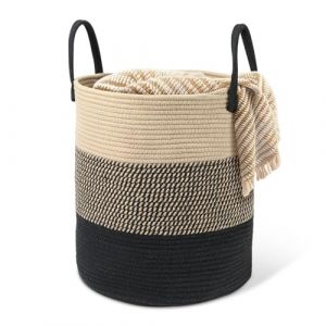 HDRNT Panier &agrave; linge en coton tiss&eacute; - 45 l - Panier &agrave; linge avec poign&eacute;e - Trieur &agrave; linge tress&eacute; - Panier de rangement pour buanderie, chambre d'enfant, salle de bain (35 cm x 40 cm) (beige + noir) (kkfastshp, neuf)