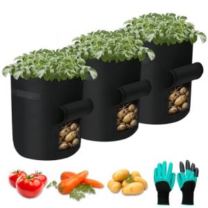 Helterfolg Sac de Culture de Pommes de Terre, Sac de Plantation avec Poign&eacute;es Sangle et Rabat d&rsquo;Acc&egrave;s, Sacs &agrave; Plantes avec Gants de Jardin pour Pommes Terre et Autres L&eacute;gumes (3 Sacs,7 Gallon) (HOLZELINE, neuf)