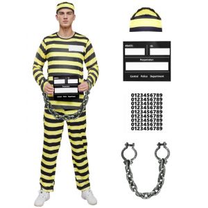 HarnyLoom Déguisement de Prisonnier Homme, Costume Orange Prisonnier Adulte Tenue Prison Chapeau Autocollants Panneau d'information Fete Cosplay Carnaval Halloween (XL) (HarnyLoom, neuf)