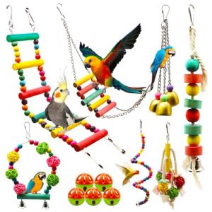 MQUPIN Lot de 12 Jouets pour Oiseaux à Marcher, Balançoire, Échelle, Bois Perchoirs, Sepak Takraw, Cloches, Décoration des Cages à Oiseaux de Petite et Moyenne Taille, Perruche et Perroquet (Lecheng co., LTD, neuf)