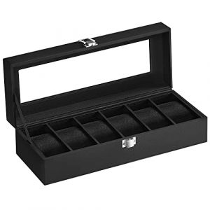 SONGMICS Boîte à Montres à 6 Emplacements, Coffret à Montres, Écrin, Couvercle en Verre, Coussinets Amovibles, Serrure en Métal, Revêtement en Noir et Doublure en Noir JWB06B01 (SONGMICS HOME FR, neuf)