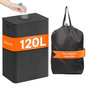 Lifewit 120L Collecteur de Bouteilles avec Couvercle,Poubelle Tri Selectif pour Plastique,Bouteilles Verre,Poubelle Exterieur de Recyclage avec Trou,Poubelle Cuisine Rangement de Bouteilles,Gris foncé (Lifewit Home FR, neuf)