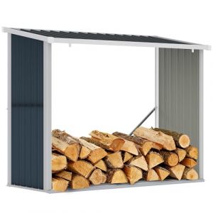 Outsunny Castille pour bois en acier galvanis&eacute; Abri de rangement de b&ucirc;ches avec toit incllin&eacute; pour jardin Terraza Ext&eacute;rieur 185 x 84 x 133,5 / 148,5 cm Gris (OutSunny Iberica, neuf)