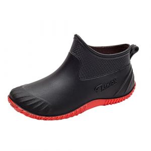 Chaussures de jardin imperm&eacute;ables &agrave; enfiler pour femme, bottes de pluie en caoutchouc &agrave; coupe basse avec semelle antid&eacute;rapante, chaussures de jardinage l&eacute;g&egrave;res, noir et rouge, pour le travail boueux (Silver Clear Selection, neuf)