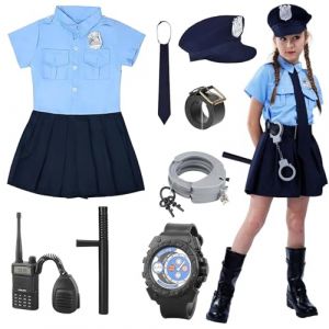 Deguisement Policier Enfant 8 PCS Costume Policier Enfant Garcon avec Accessoires Police Chemise Jupe Ceinturon Casquette Police Walkie Talkie pour Tenues De Cosplay Halloween Carnaval，01-130cm (yufanzhenmaoyi, neuf)