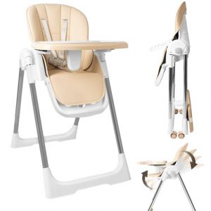 Chaise haute b&eacute;b&eacute; pliante 4en1, 4 Positions d'Inclinaison, Hauteur r&eacute;glable, Chaise haute enfant avec plateau amovible et roulettes, &eacute;volutive avec ceinture &agrave; 5 points, Beige (Kidsgigglz Shop, neuf)