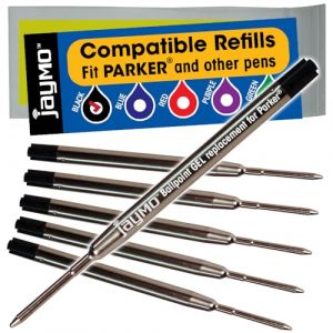 Jaymo - 6 - Recharges de stylos compatibles Parker® avec gel noir. Écriture lisse allemande .7 mm, pointe moyenne et encre. # 30525PP (Cottage Mills UK, neuf)