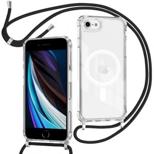 ZYIMOU Coque pour iPhone SE 2022/SE 2020/iPhone 8/iPhone 7 avec Cordon Compatible avec MagSafe, Housse Magn&eacute;tique Transparente &Eacute;tui avec Collier R&eacute;glable R&eacute;sistant Silicone Case, Cha&icirc;ne Noir (Casecool, neuf)