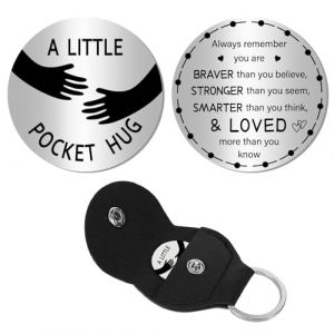 CREATCABIN Jeton Câlin Poche Forme Cœur Palmier,Souvenir Relation Longue Distance,Porte-Jeton Gravé Double Message Acier Inoxydable avec Porte-Clés Cuir PU pour Cadeau d'anniversaire Inspirant 3x3cm (CREATCABIN FR, neuf)