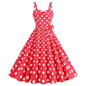 Robe Ann&eacute;e 60 Femme Sexy Col V sans Manche Retro Robe Style 1950's Audrey Hepburn Rockabilly Elegante Polka Dot Trap&egrave;ze Vintage Robes Swing Robe De Bal F&ecirc;te C&eacute;r&eacute;monie Mi Longue (01 Rouge, M) (Minenany, neuf)
