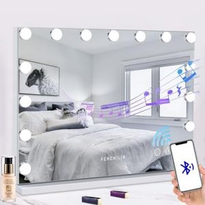 FENCHILIN Miroir Maquillage avec 15 Ampoules LED Haut-Parleur Bluetooth Miroir Coiffeuse Lumineux avec Port USB Grand Miroir Maquilleur Lumineux avec 3 Modes Déclairage Miroir Hollywood Coiffeuse (Fenchilin-eu, neuf)