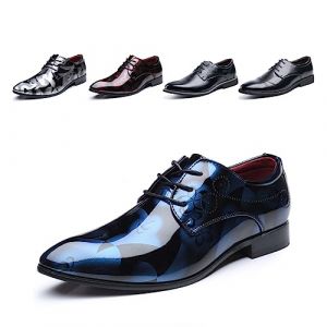 Chaussure Homme Derby Oxford Homme Classique Brogues Casual Mariage Chaussures Dressing Lacets Cuir Vernis 1012 Bleu Taille 38 (Free Mobile OU, neuf)
