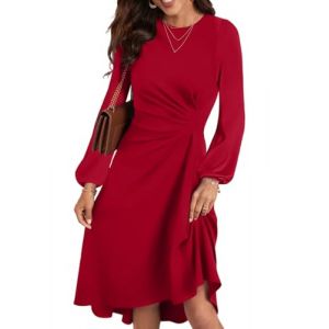 HUXRAKV Robe Femme Chic et Elegant Midi Robe de Cocktail Manches Longues Robe de Abendkleid Soir&eacute;e F&ecirc;te Affaires,WD42-Rouge,S (Saide-EU, neuf)