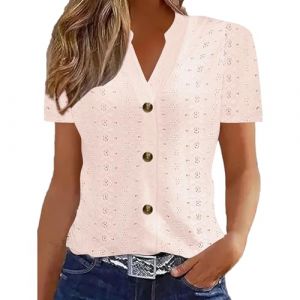 Chemisiers Et Blouses Femme Tunique Chemisier Femme Manche Courte Chic Et &Eacute;L&eacute;Gant Chemises Couleur Unie &Eacute;T&eacute; Ample Haut Top &agrave; Revers L&acirc;Che Respirant Blouse Grande Taille Col V Button T Shirts (⭐⭐⭐⭐⭐5.0 Yaair-OEF, neuf)