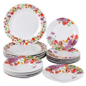 Baroni Home Service d'Assiettes 18 Pièces en Porcelaine et Grès, Servi de Table Colorée pour 6 Personnes, Assiette Creuse, Assiette, Fruits ou Sucré, Fantaisie Coquelicots (Baroni Home, neuf)
