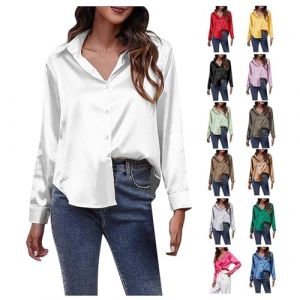 Chemisier Femme Ete, Chemisier Blouse Femme Chic et Élégant Chemise Femme en Satin Haut Fluide Ample Manche Longues Col V Shirts,Blanc,XL,F71S (Routefuture, neuf)